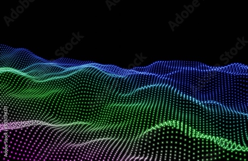 Abstract digital landscape with flowing particles,science fiction background of glowing particles with depth of field and bokeh, music background equalizer concept.
