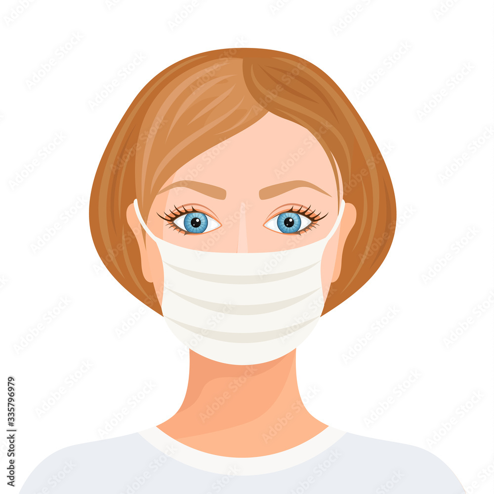 Girl in medical mask isolated on white background. Portrait of woman with respirator on her face. Vector illustration in cartoon style on the theme of epidemic, protection and prevention of influenza.