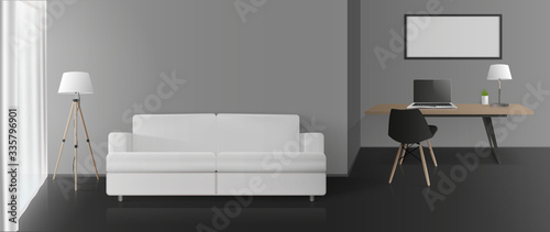 Modern room with gray walls, a work area and a seating area. Sofa, table, chair, floor lamp, laptop. Vector. © Javvani