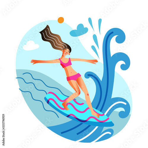 Young sportive woman surfing enjoy riding in wave
