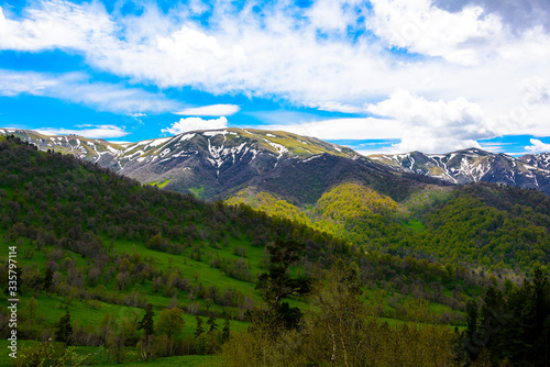 Beautiful mountain panorama with lush greens  blue skies  and puffy clouds