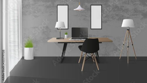 Modern workplace in a stylish loft room. Wooden office table, laptop,  chair, table lamp. Office design element. Realistic vector