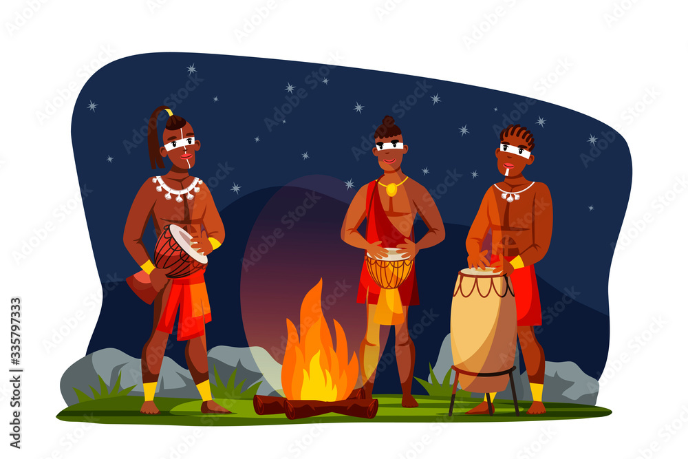 Tribal man community playing music around bonfire Stock Vector | Adobe ...