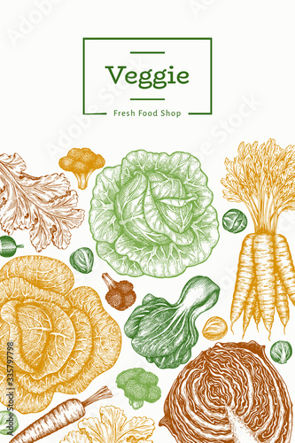 Hand drawn sketch vegetables design. Organic fresh food vector banner template. Retro vegetable background. Engraved style botanical illustrations.
