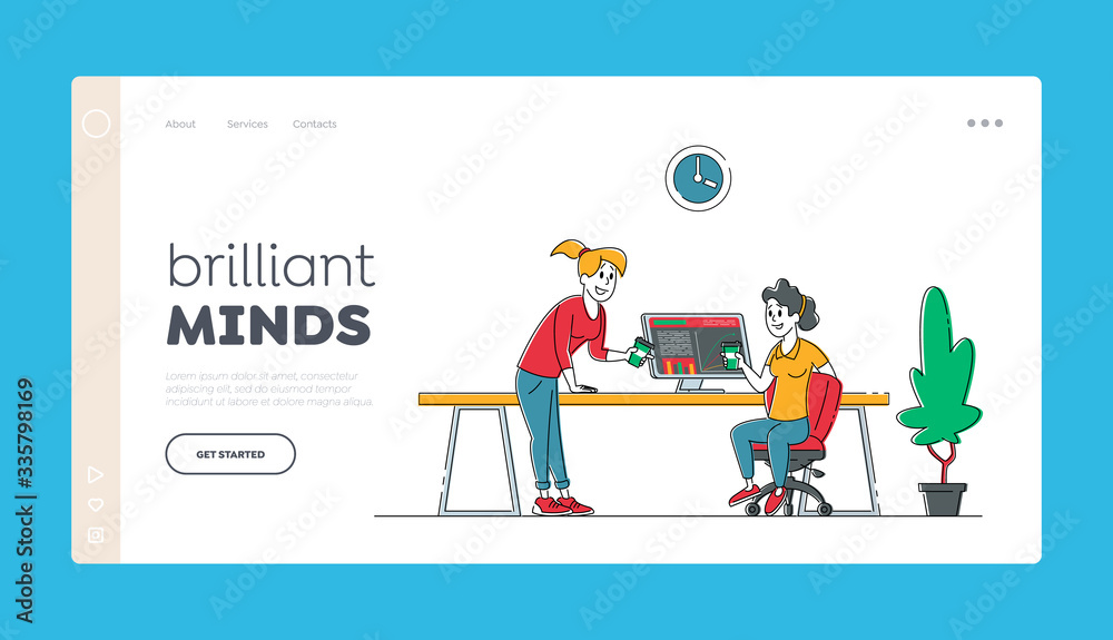 Office Employees Business People Work in Company, Teamwork Landing Page Template. Team Group of Creative Characters Sitting at Office Desk with Pc Working in Coworking Area. Linear Vector Illustration