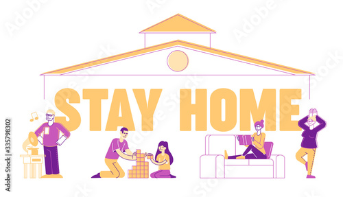 Stay Home Concept. Awareness Social Media Campaign and Coronavirus Prevention. People Characters Spend Happy Time Together during Covid 19 Quarantine Poster Banner Flyer. Linear Vector Illustration