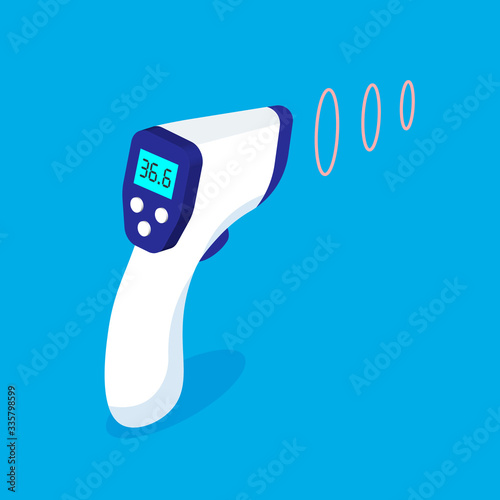 Vector medical infrared thermometer in isometric projection. Digital body thermometer isolated on blue background. Covid-19 prevention.