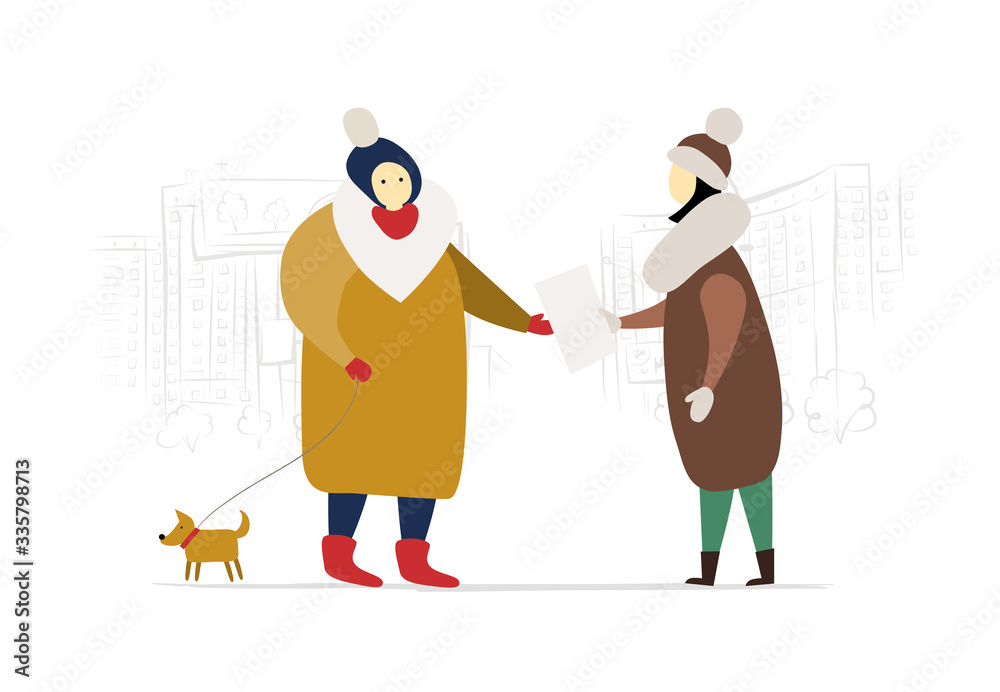 Fototapeta premium Elderly woman walking with dog. Social survey of retirees. Woman hands paper to senior citizen. Cityscape background sketch