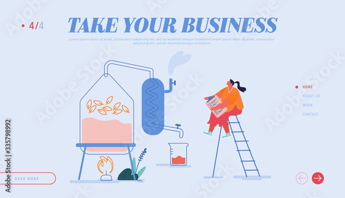 Cosmetic Perfumery Fragrance Production Landing Page Template. Tiny Female Character Create new Recipe Distilling Liquid in Apparatus for Essential Oil Extraction in Lab. Cartoon Vector Illustration