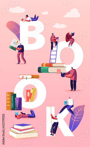 Reading and Education Concept. Tiny Male Female Character with Huge Books. People Read and Study, Students Prepare for Examination, Gaining Knowledges Poster Banner Flyer. Cartoon Vector Illustration