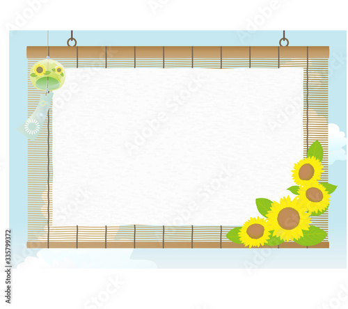 Vector background with wind chimes and sunflowers on the rattan blind.