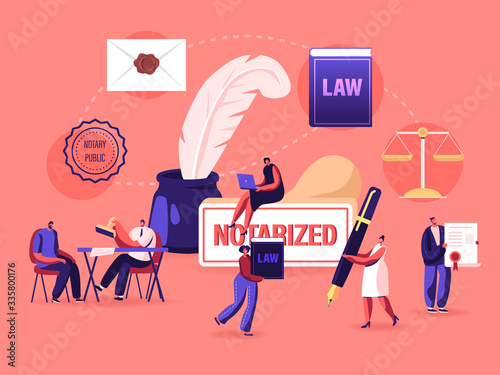 Male and Female Characters Get Notary Professional Service Concept. People Visit Lawyer Office for Signing and Legalization Documents. Secretary Stamping Documentation. Cartoon Vector Illustration