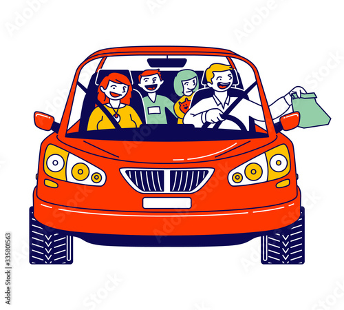 Happy Family Riding Car Using Drive Thru Service Taking Fast Food Sitting inside of Automobile. Mother, Father and Kids Characters Buying Takeaway Meal while Travel. Linear People Vector Illustration