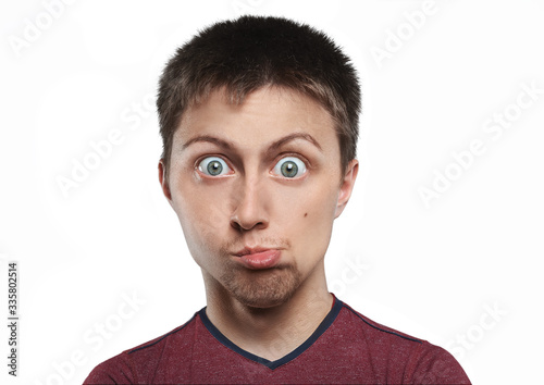 A guy with a cartoon big head on a white background with funny facial expressions