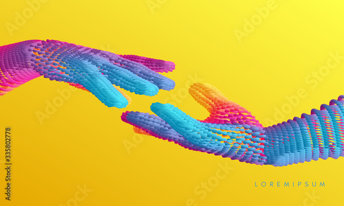 Hands reaching towards each other. Concept of human relation, togetherness or  partnership. Connection structure. 3D vector illustration.
