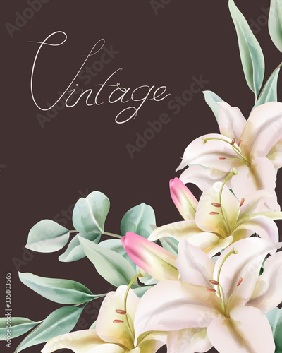 Vintage lily flowers with green leaves composition. Place for text
