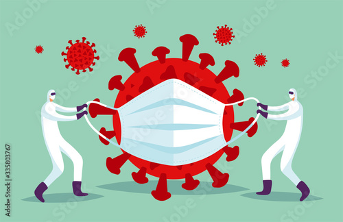 Use a medical mask to protect against coronavirus. Concept illustration, two doctors are fighting the spread of the virus during the epidemic CoVID-19. Vector illustration.