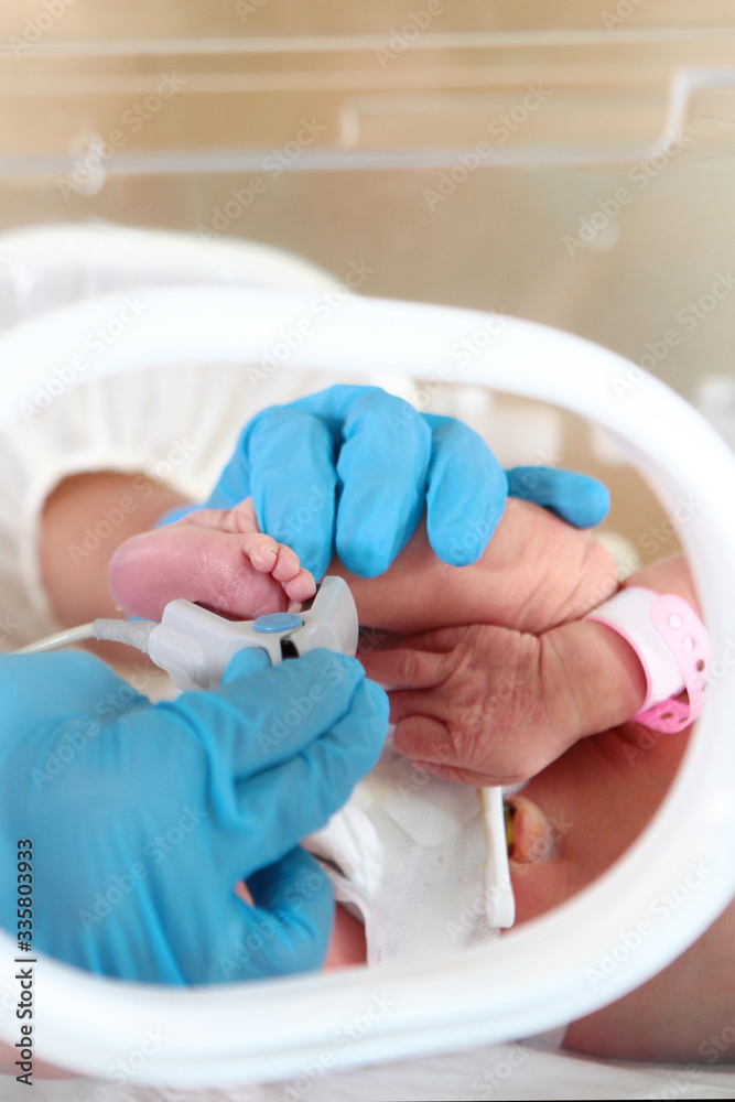 Fototapeta premium Premature newborn baby in intensive care. The concept of saving human lives.Unrecognizable photo. Out of focus.