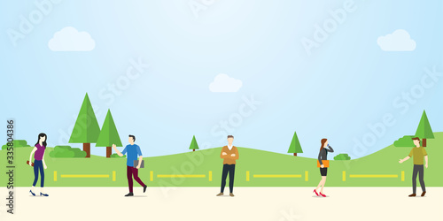 social distance or physical distancing concept with people and some distance illustration in public area with modern flat style