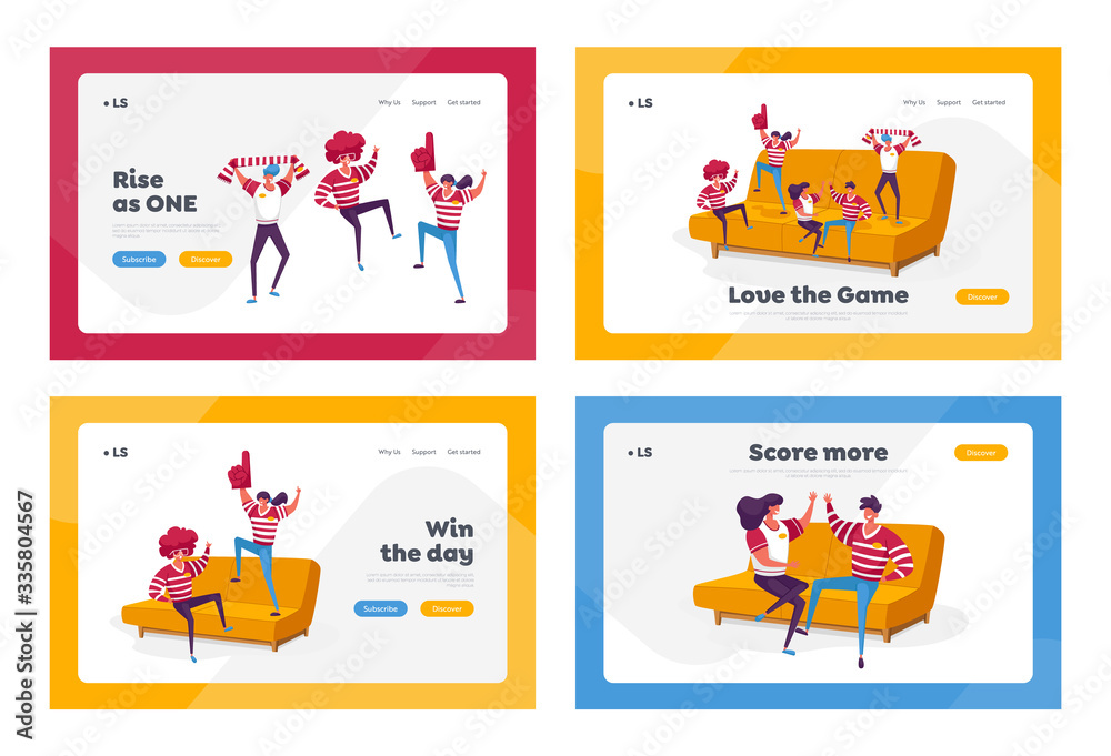 Fototapeta premium Happy Fans Cheering for Sport Team Victory Success Landing Page Template Set. Tiny Characters with Funny Attribution and Uniform Sitting and Jumping on Huge Couch. Cartoon People Vector Illustration