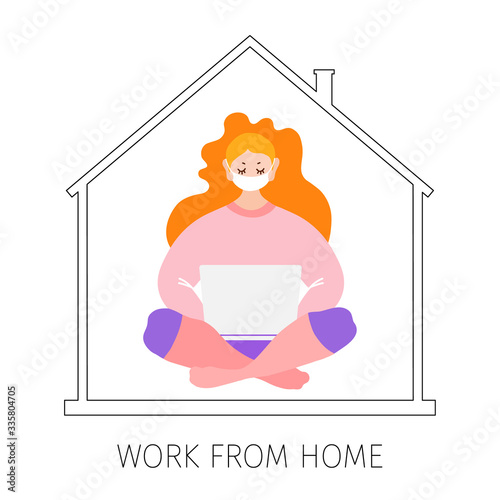 The call to work from home during an epidemic. Girl in a medical mask with a laptop sits in the house and works online. Vector illustration on the theme of coronavirus, quarantine, social isolation. photo