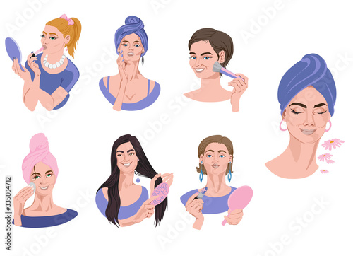 Set of woman portraits in blue clothes doing makeup. Brushing hair, wearing lipstick, powdering face
