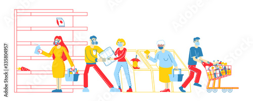 Doomsday Panic and Coronavirus Pandemic Chaos. Male and Female Characters Crazily Buying Goods from Supermarket Shelves, Fighting for Toilet Paper. Covid-19 Outbreak. Linear People Vector Illustration
