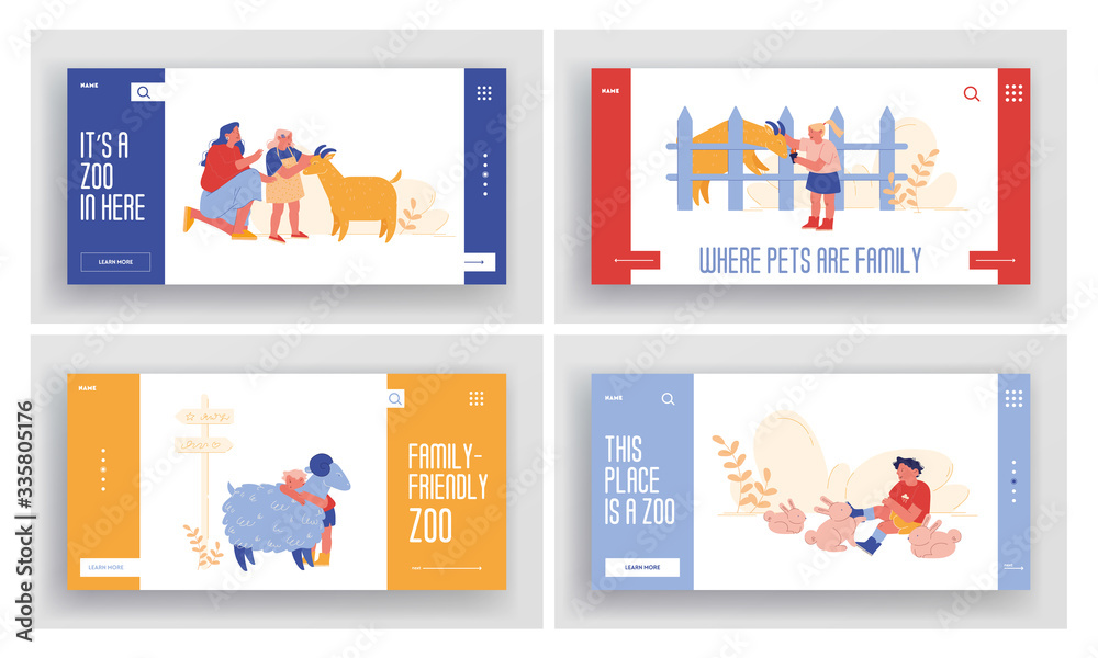 Little Kids Visit Farming Zoo with Parents Landing Page Template Set. Children Characters Petting Domestic Animals Sheep, Rabbits and Goat, Spend Time on Weekend. Cartoon People Vector Illustration