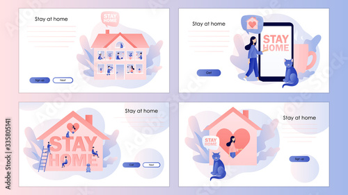 Stay at home. Quarantine and self-isolation. Pandemic. Screen template for mobile smart phone, landing page, template, ui, web, mobile app, poster, banner, flyer. Modern flat cartoon style. Vector