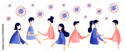Group of people wearing medical masks to prevent disease, flu, virus. Stop COVID-19. Coronavirus quarantine concept. Modern flat cartoon style. Vector illustration on white background