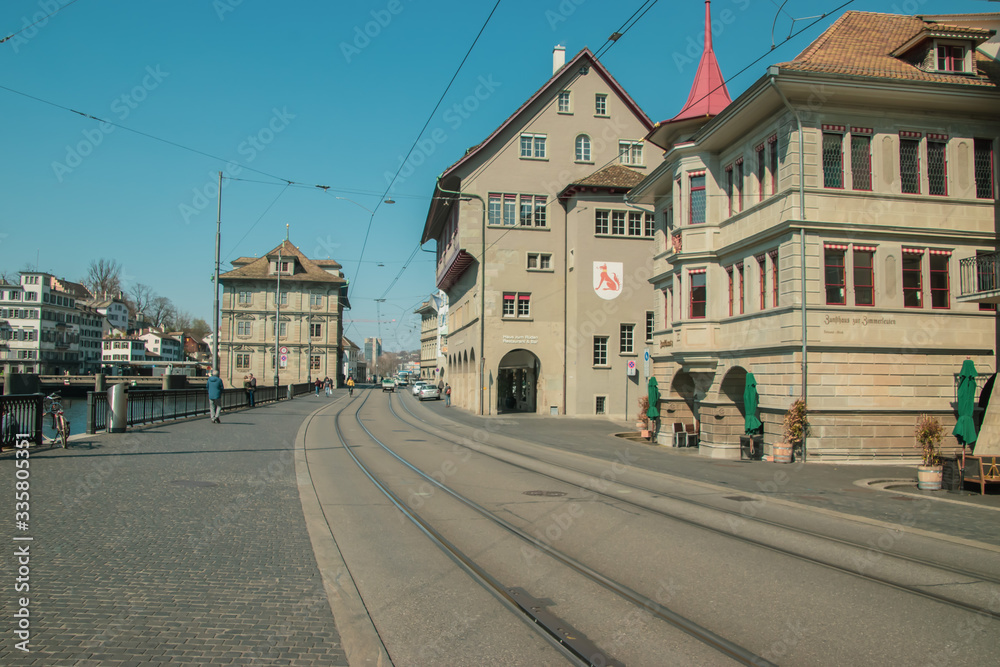 Empty streets. Zurich during the corona crisis on a Thursday afternoon. Taken in Zurich/Switzerland, April 2. 2020