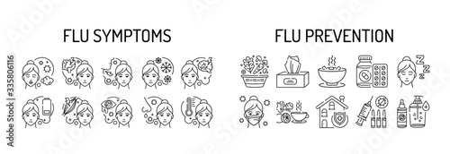 Flu symptoms and prevention black line icons set. Viral diseases, colds. Virus and illness prevention. Pictogram for web page, mobile app, promo. UI UX GUI design element. Editable stroke.