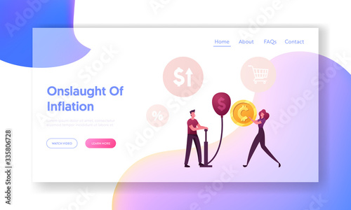 Economy Problem or Financial Crisis Landing Page Template. Male Character Inflate Balloon with Dollar Sign Using Pump. Recession, Inflation, Bankruptcy, Income Lost. Cartoon People Vector Illustration