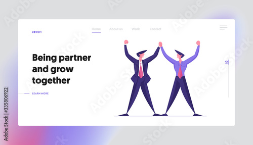 Corporate Friendship and Good Deal Landing Page Template. Business People Characters Partnership, Project Meeting and Agreement during Negotiation. Partners Men Hold Hands. Cartoon Vector Illustration