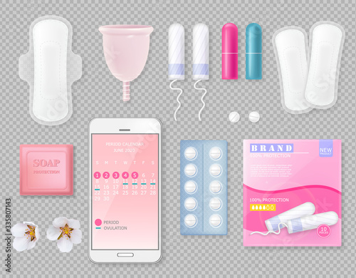 Set of Menstrual cycle products with sanitary napkin, cup, tampons, soap, pills, package with place for brand and flowers