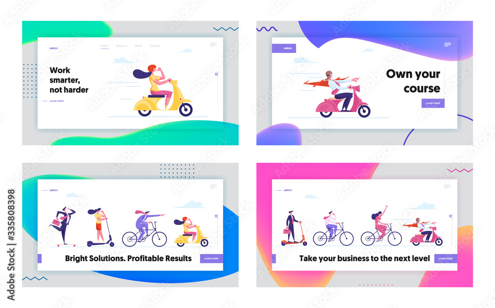 Business People Racing on Ecology Transport Landing Page Template Set. City Dwellers Characters Driving Eco Transportation Scooter, Bicycle, Hoverboard and Moped. Cartoon People Vector Illustration