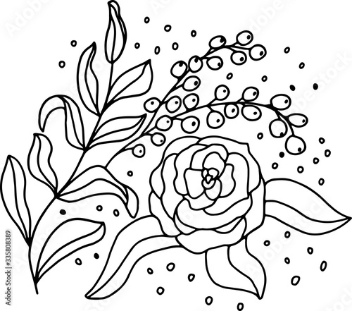 Vector image on awhite background in a linear style, leaves and flower for decoration of covers, coloring books, packaging, prints of t-shirts, postcards