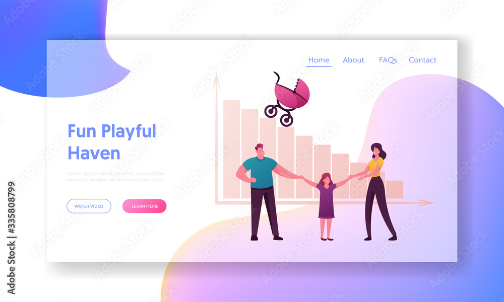 Birth Rate and Demographic Datum Landing Page Template. Parents and Daughter Characters Hold Hand front of Decreasing Column Chart with Baby Carriage. Cartoon People .Cartoon Vector Illustration