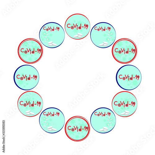 Pandemic coronavirus epidemic COVID-19. Medical pattern isolated set of round symbol icon logos with virus molecules on the surface, antiviral pills and the inscription text in English