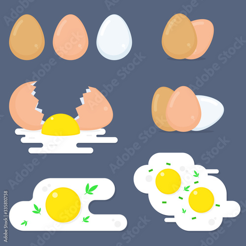 Vector food eggwhite or yolk in egg-cup or omelette illustration set of eggshell isolated