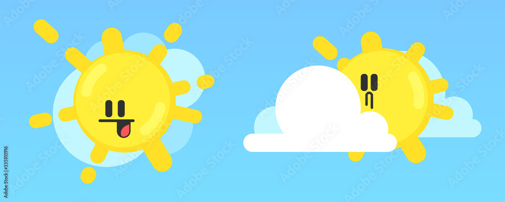 White cloud and yellow sun with smiling face. Fluffy clouds. White cloud and yellow sun with smiling face. Fluffy clouds.