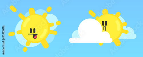 White cloud and yellow sun with smiling face. Fluffy clouds.