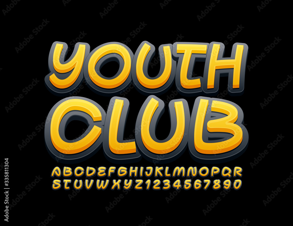 Fototapeta Vector bright banner Youth Club. Black and Yellow creative Font. Trendy Alphabet Letters and Numbers