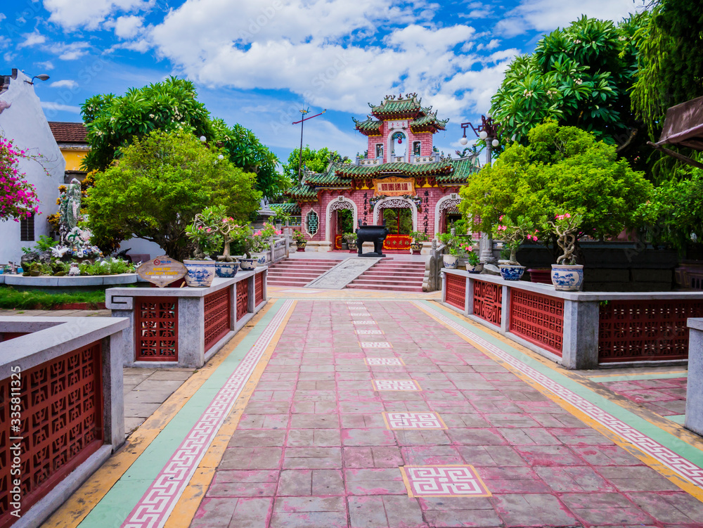 Perspective view of Gate of Phuc Kien Assembly Hall, a monumental pagoda dedicated to Thien Hau, the goddess of the sea and protector of the sailors, Hoi An, Vietnam
