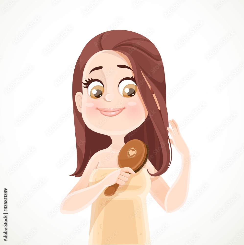 Cute girl in sauna towel combing wet hair with a hair brush isolated on white background Cute girl in sauna towel combing wet hair with a hair brush isolated on white background