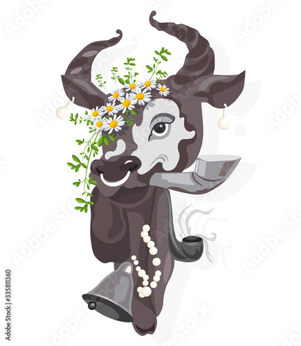 Elegant cow with camomile flowers in the head smoking a pipe