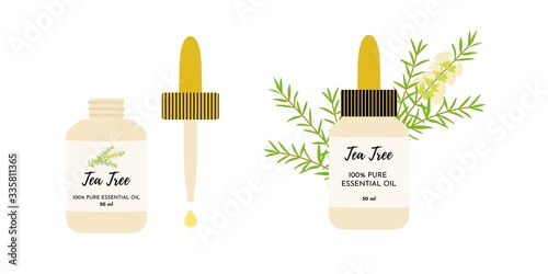Tea tree essential oil in glass bottles. Eye dropper dropping oil. Malaleuca twigs with flowers and leaves on the background. Vector illustration isolated photo