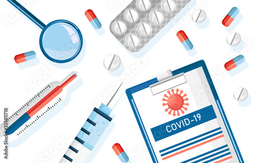 Corona Virus medicine drugs set with pills, injections and paper clipboard with statistics © castecodesign