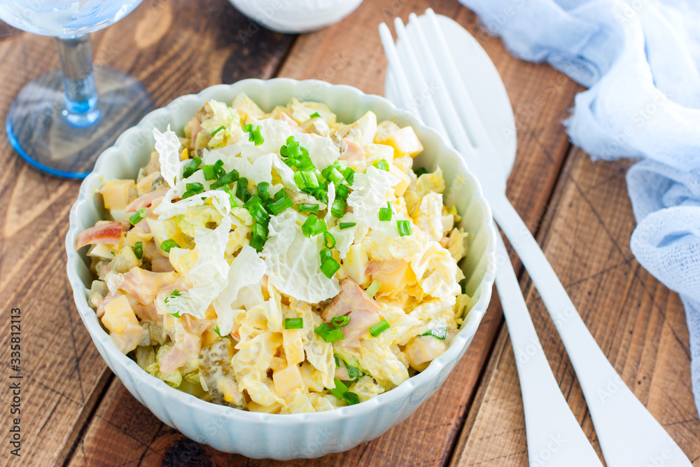 Peking salad with chicken and mayonnaise, selective focus Peking salad with chicken and mayonnaise, selective focus