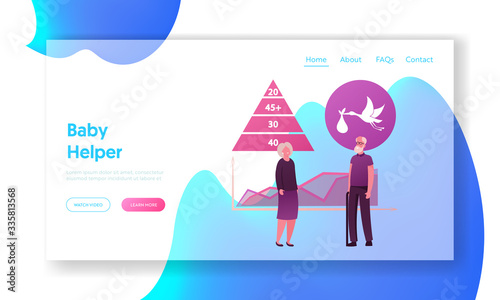 Birth Rate, Generation Landing Page Template. Senior Stand front of Data Chart with Demographic Statistics and Human Age Pyramid, Stork Carry Newborn Baby. Cartoon People Vector Illustration